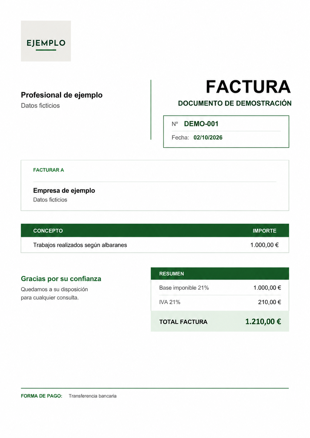 Factura de demostración con datos ficticios