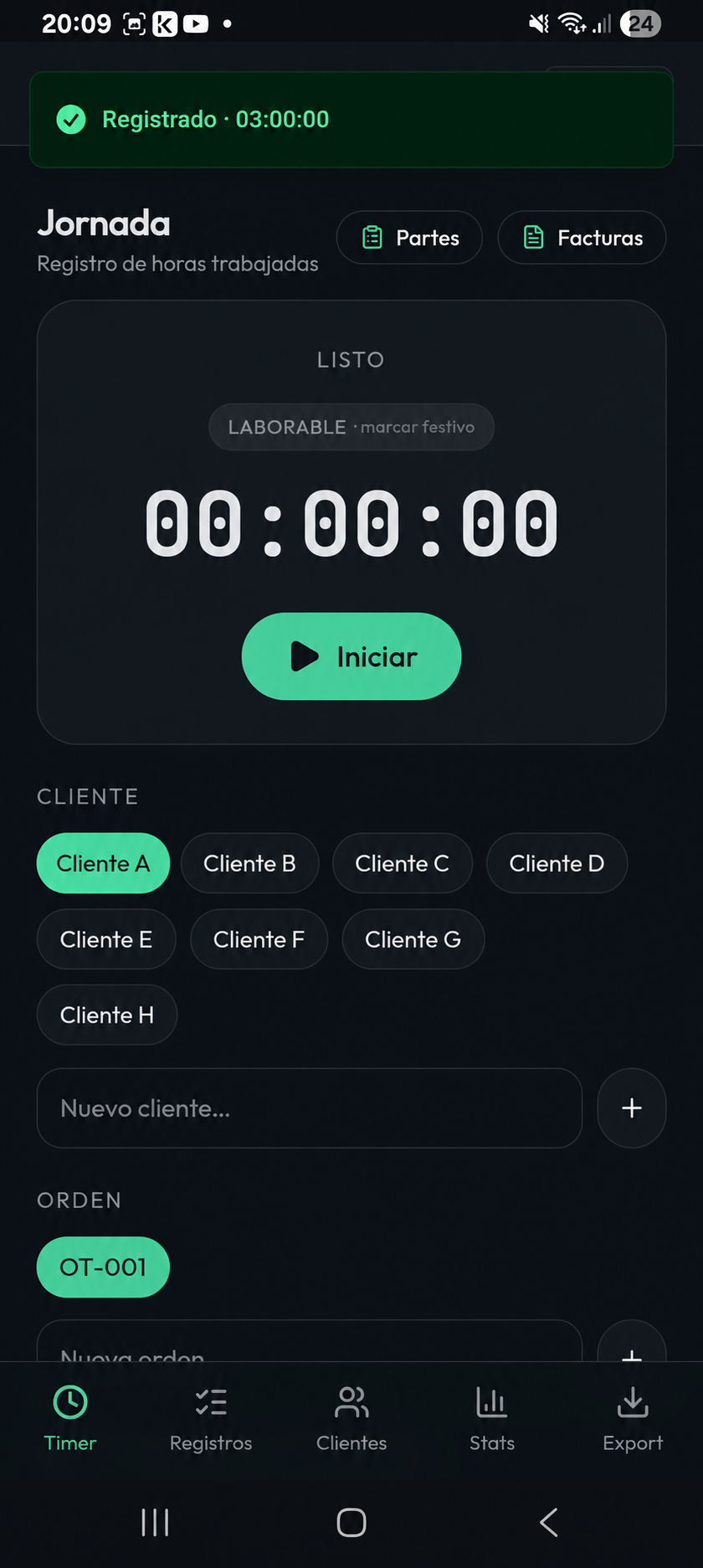 Selección de cliente y orden con nombres de ejemplo